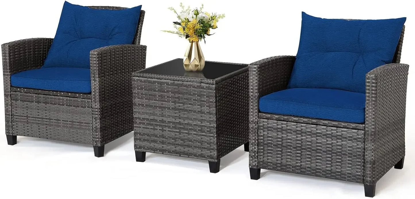 Patio Furniture Sets - 3 Pieces Rattan Sofa Set, Outdoor Conversation Set with Tempered Glass Tabletop, Outdoor Furniture Sets