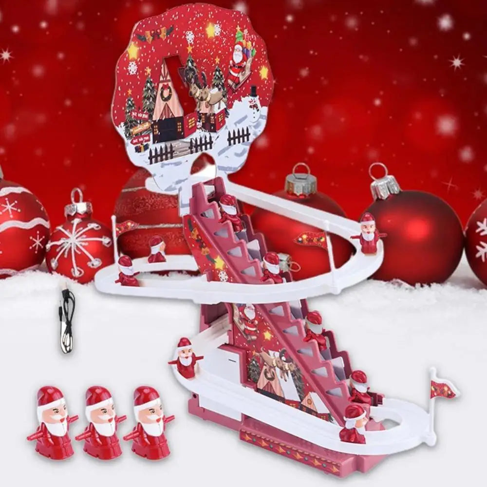 Kids Electric Santa Claus Climbing Stairs Toy DIY Rail Racing Track Music Roller Coaster Duck Toy For Baby Kids Christmas Gift