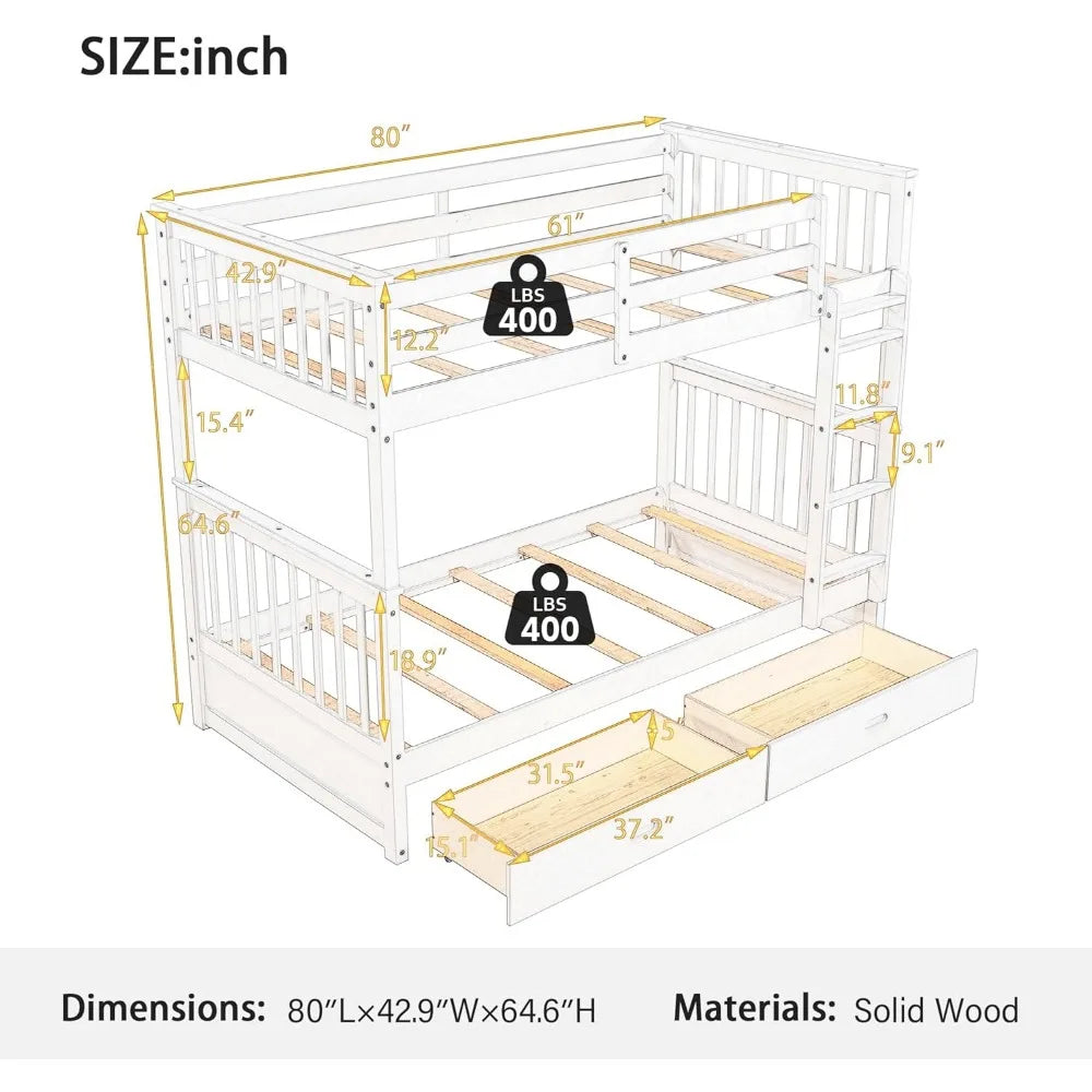 Wood Bunk Bed ,with Ladders and Two Storage Drawers,Solid Woods Detachable with Ladders,Convertible Wood Bunk Bed