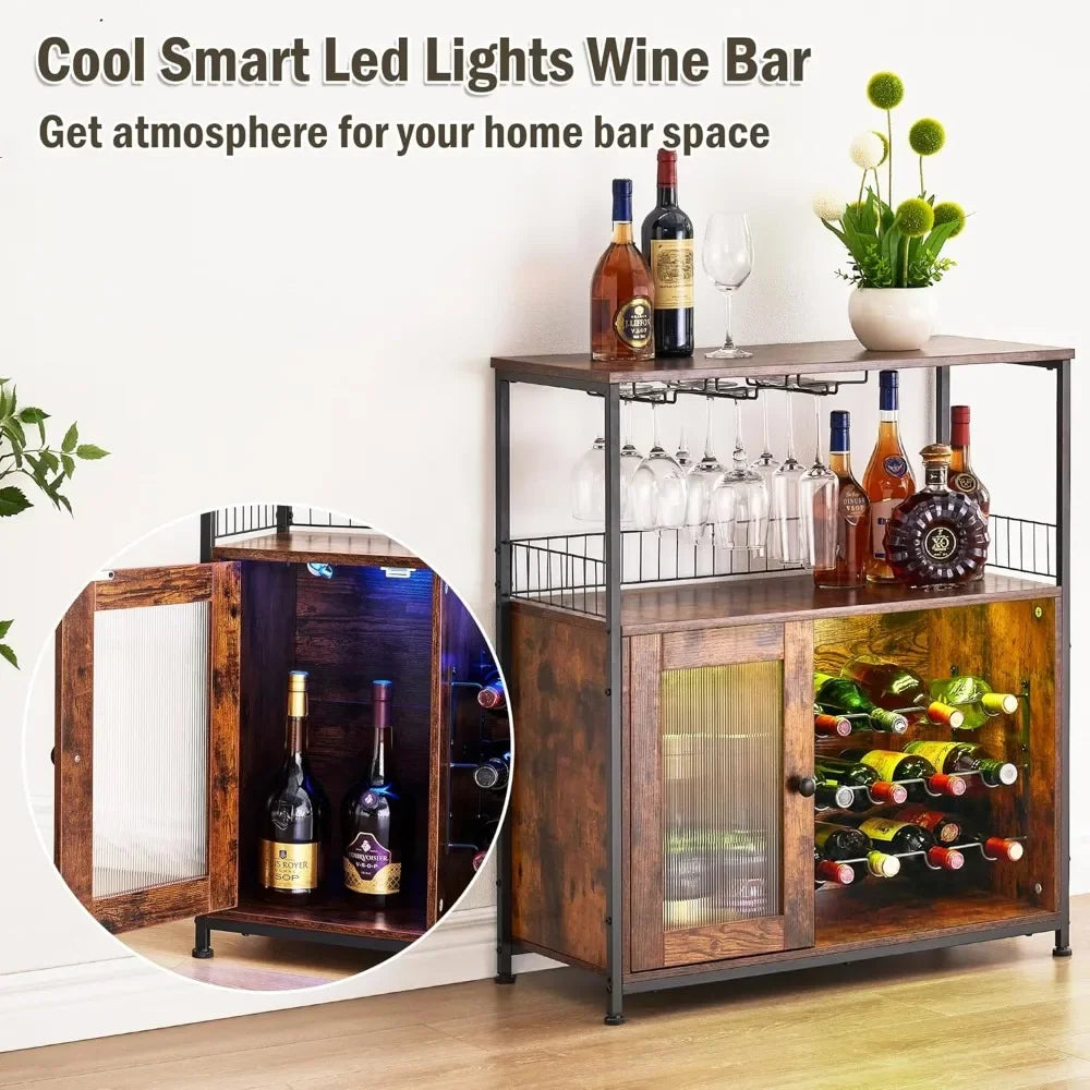 Wine Bar Cabinet with Led Lights & Removable Wine Racks with 3 Rows Glass Holder and Acrylic Door, Multifunctional Bar Cabinet