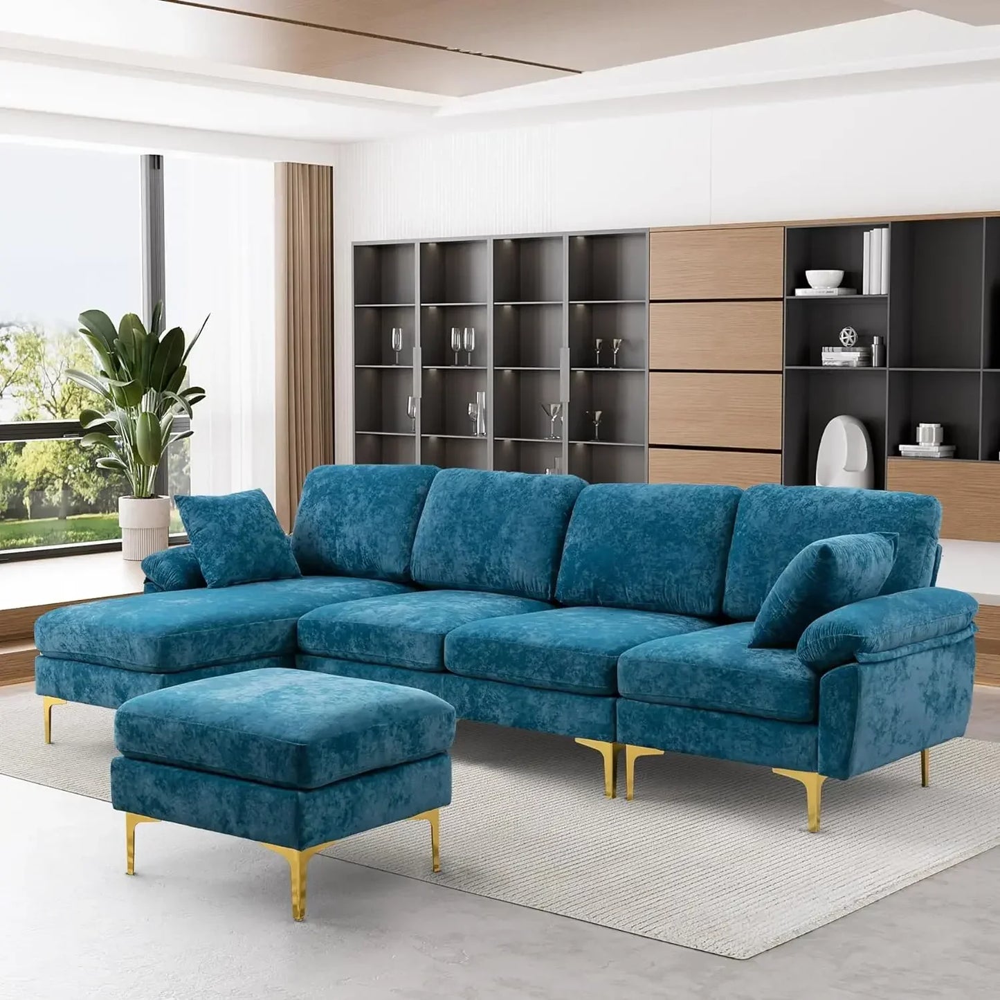 U-Shaped Sectional Sofa Couch, 4 Seat Sofa Set for Living Room, Convertible L-Shaped Velvet Couch Set