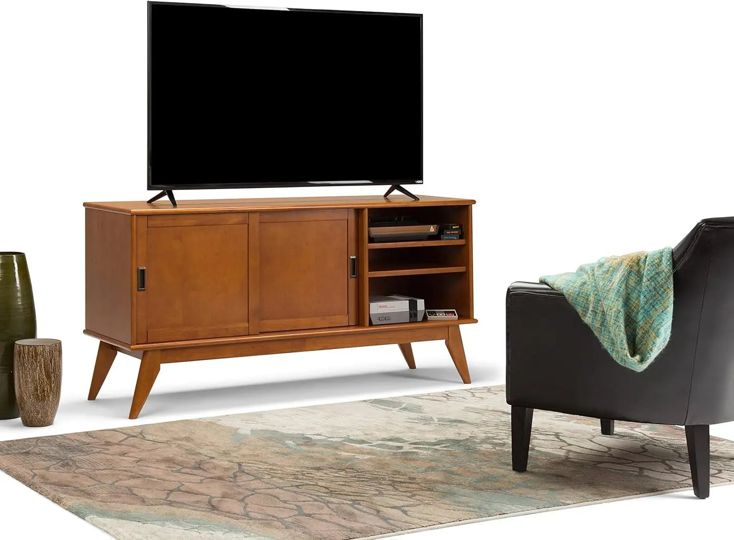 Draper SOLID HARDWOOD 60 Inch Wide Mid Century Modern TV Media Stand in Teak Brown For TVs up to 65 Inches