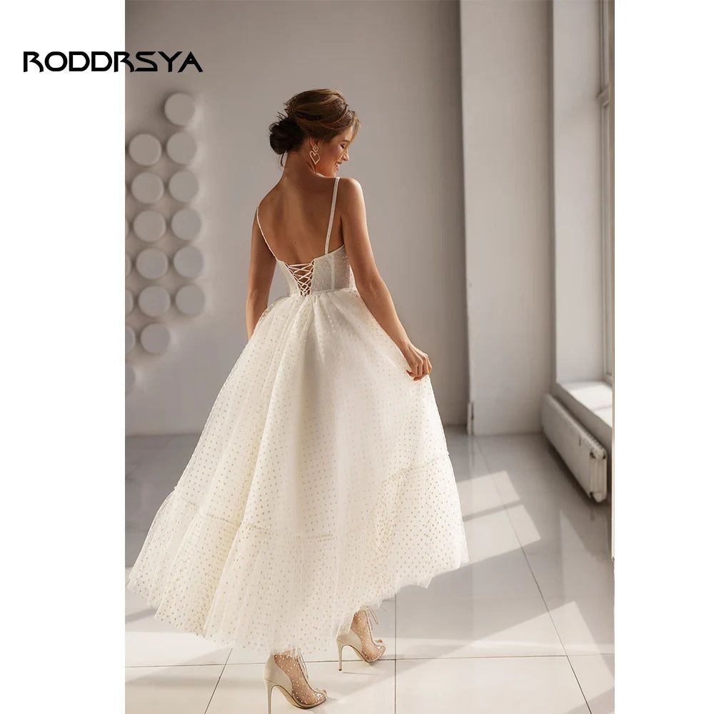 RODDRSYA Short Wedding Dress 2023 A Line Sweetheart Spaghetti Straps Dot Tulle Bridal Gown Lace Up Back Ankle Length Custom Made