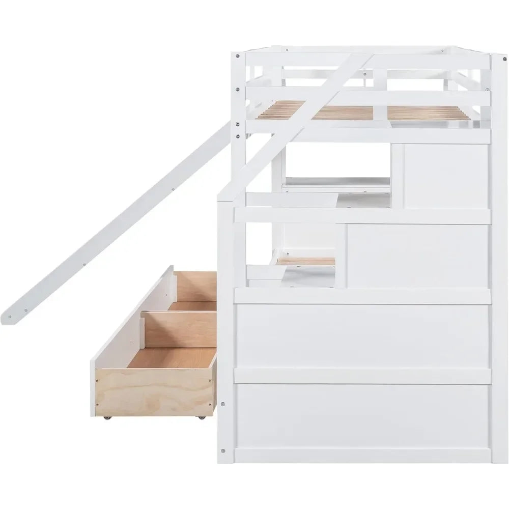 Twin Over Twin Bunk Bed with Stairs, Slide, Desk, Solid Wood Bunk Bed with Storage Drawers and Shelves for Kids Bunk Bed