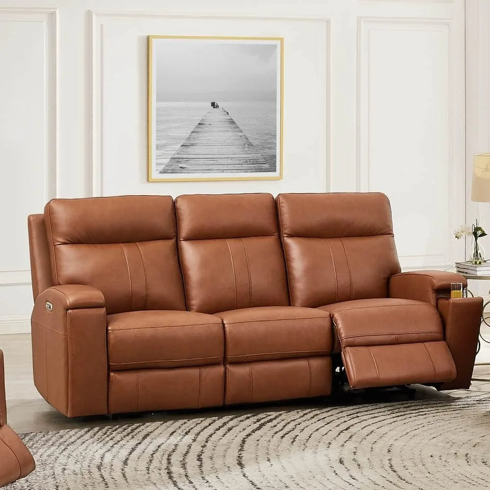 Zero Gravity Power Recline and Headrest Top Grain Leather Sofa Couch with Hidden Cup Holder, 86", Nutmeg Brown, Memory Foam