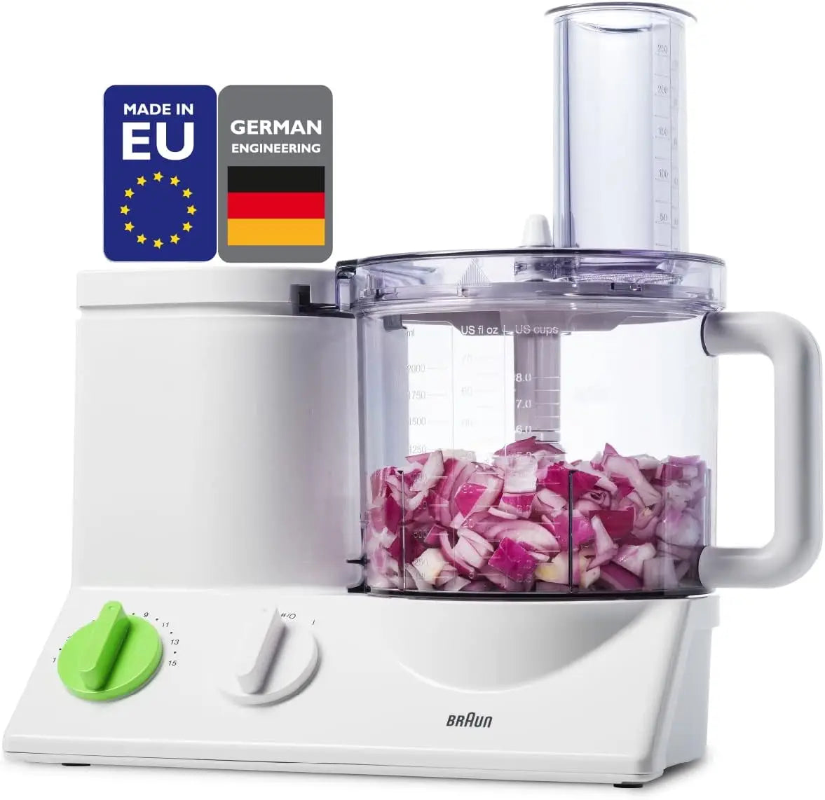 12 Cup Food Processor Ultra Quiet Powerful motor, includes 7 Attachment Blades + Chopper and Citrus Juicer , Made in Europe