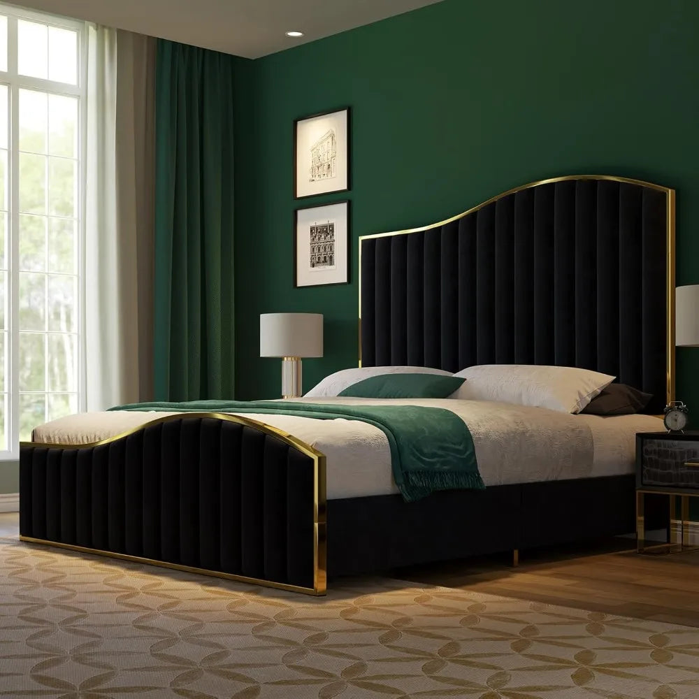 King Size Harp Bed Frame, Velvet Upholstered Platform Beds with 61.4" Vertical Channel Footboard/Wooden Slats, Bed Fram