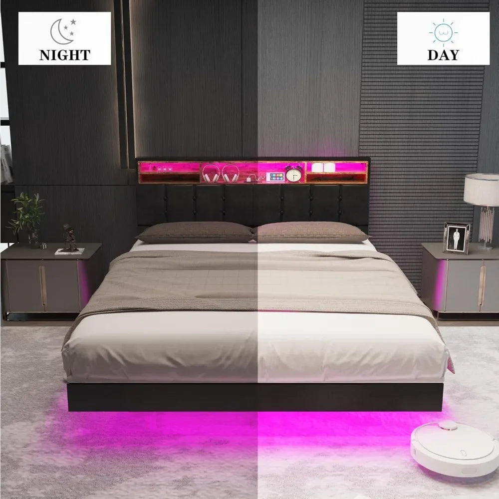 Queen Floating Bed Frame with Storage Headboard & LED Lights,Type-C & USB Charging Station,Upholstered Platform Queen Bed Frame