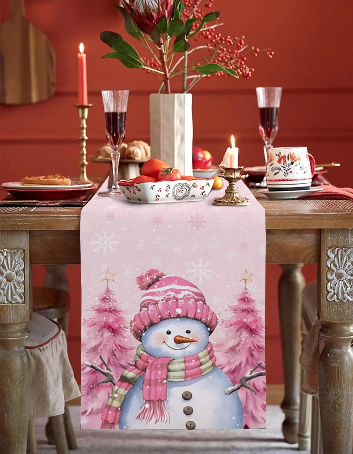 Christmas Pink Snowman Xmas Tree Snowflake Linen Table Runner Winter Xmas Party Kitchen Dining Table Decor Christmas Decorations