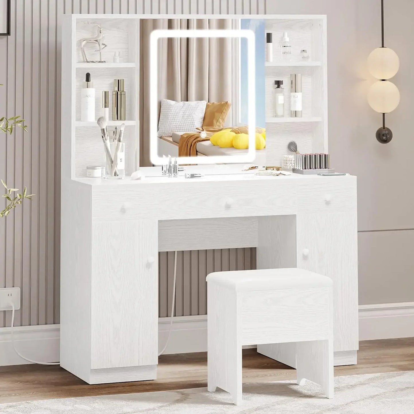 Vanity Desk Set with Large LED Lighted Mirror & Power Outlet, 7 Drawers with Storage Bench, Industrial Style Dressing