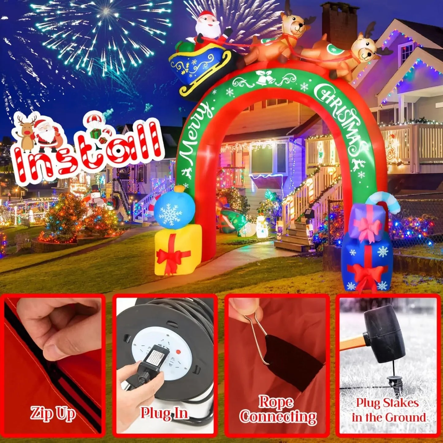 10 FT Christmas Inflatable Archway Santa Claus on Sleigh with Reindeers Christmas Blow Up Yard Decorations