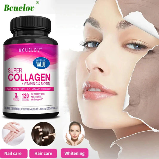 Collagen + Vitamin C plus Biotin, Anti-Aging Support, Antioxidant, Brightener, Skin, Hair & Nails Supplement, 120 Capsules