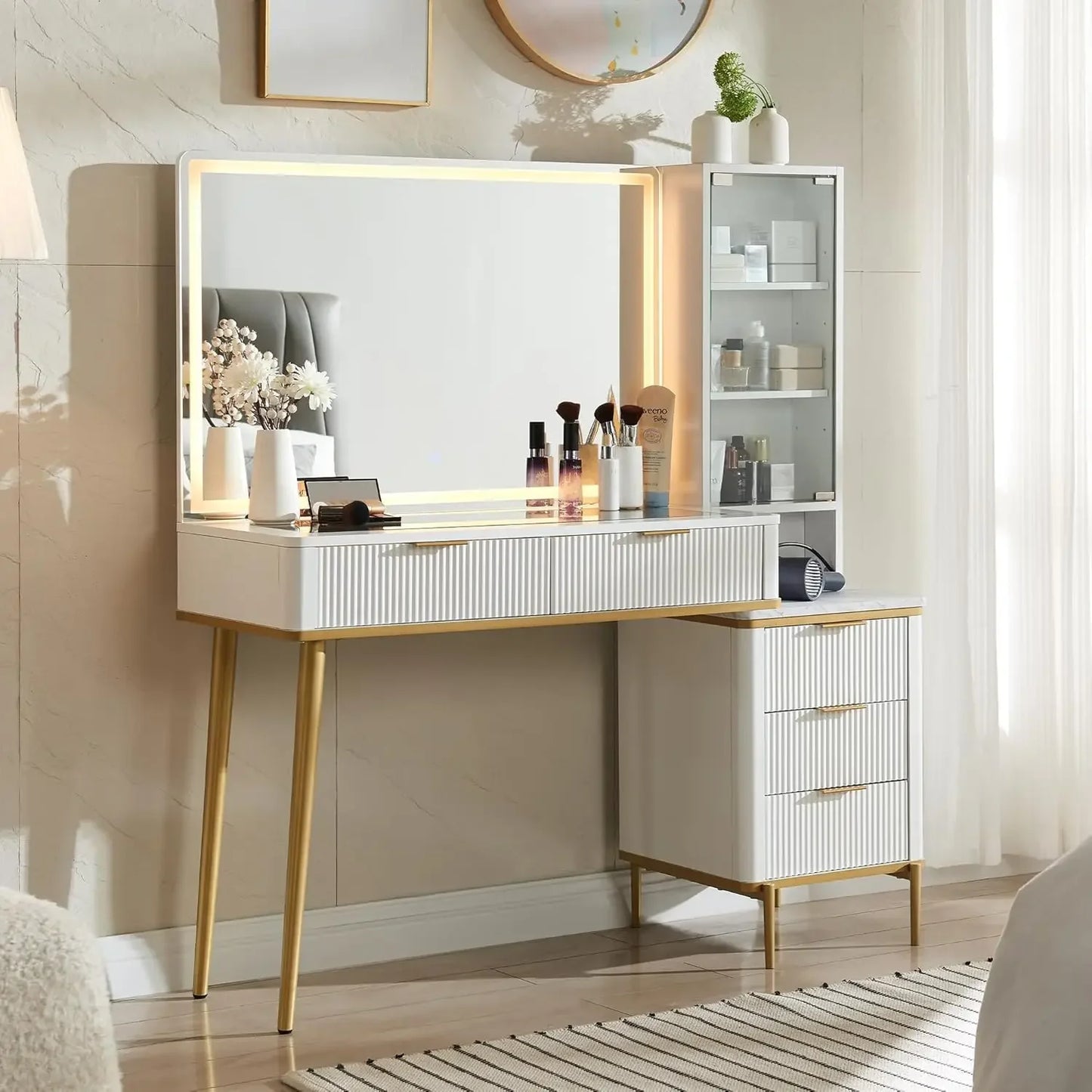 Vanity Desk with 36" HD Lighted Mirror,48" Big Modern Vanity Desk with Mirror and Lights,Dressing Table with 5 Drawers & Shelves