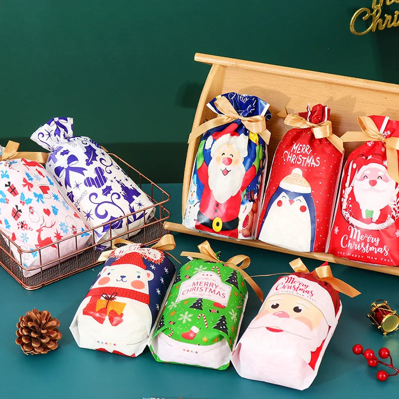 10/20pcs Christmas Plastic Drawstring Bags Candy Cookie Storage Bag New Year Gift Drawstring Wrapping Bags Santa Claus