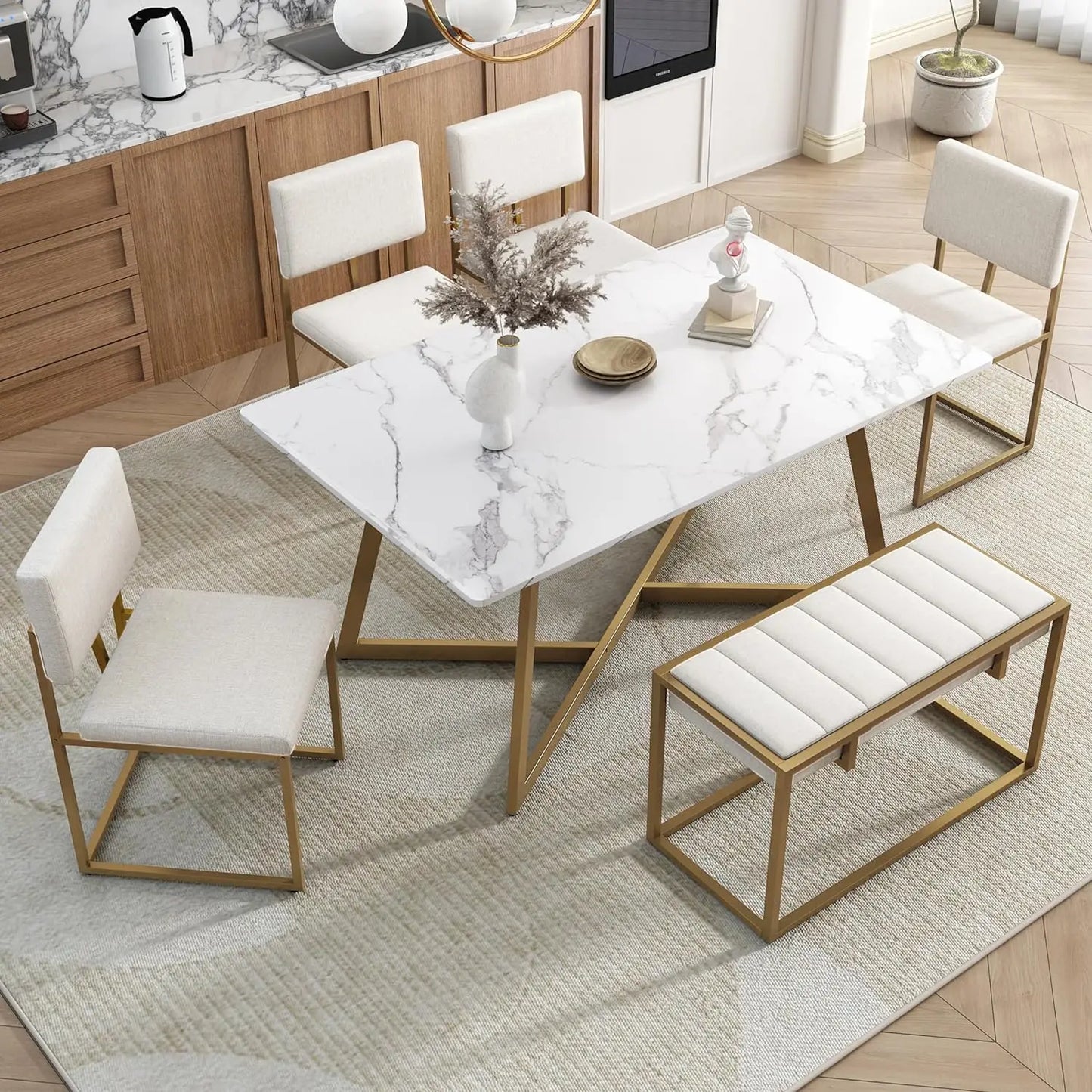 7-Piece Dining Table Set, 76.9inch Extendable Trestle Dining Table with Upholstered Side Chair and Arm Chair, Dining Table Set