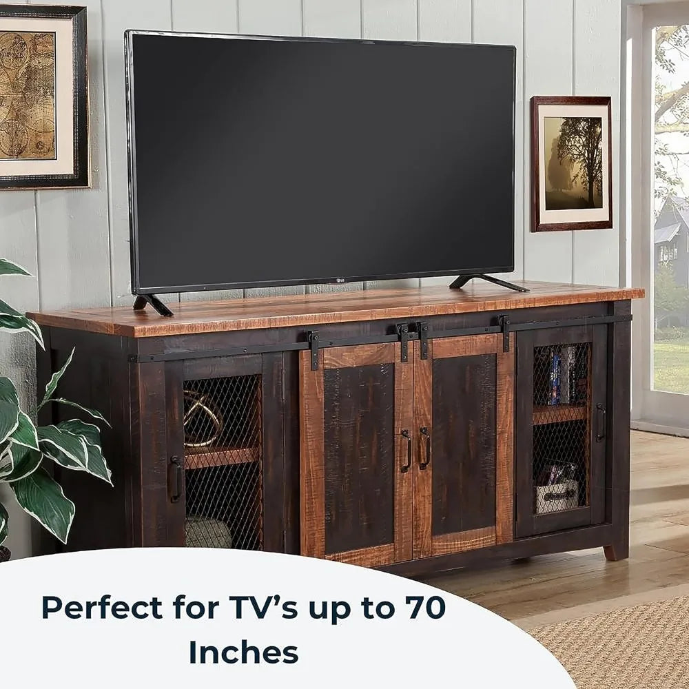 Santa Fe 70" Solid Wood TV Stand, 65"W x 35"H x 19"D, Antique Black and Aged Distressed Pine Sliding Barn Doors. Solid Wood .