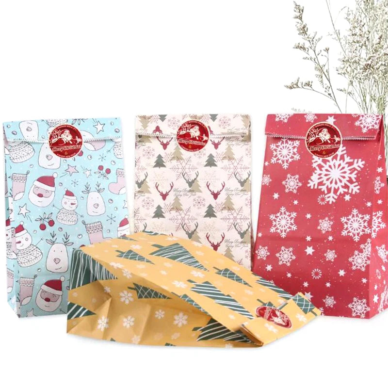 24/48PCS Christmas Gift Bag Kraft Paper Bags Santa Claus Snowman Xmas Party Candy Bag Cookie Xmas Packaging Bag Pouch Wrapping