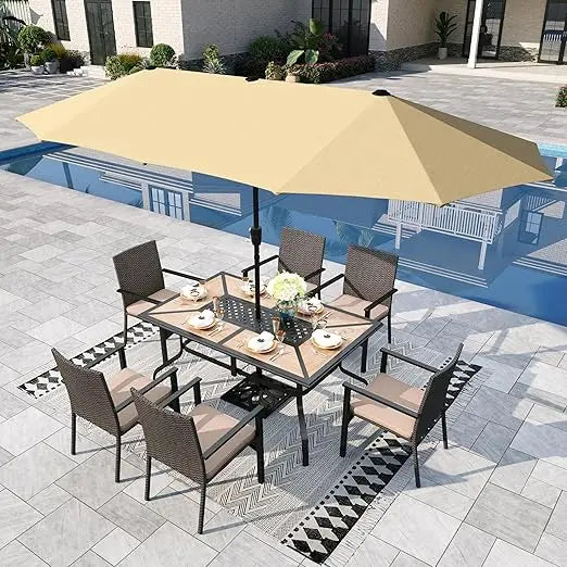 7 Pieces Outdoor Patio Dining Set, with 13ft Umbrella for 6 People, Patio Table ,Cushioned Rattan Chairs,Garden Furniture Sets