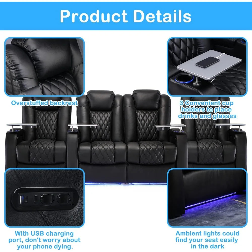 Top Grain Leather Recliner Chair Dual Power Gaming Sofa Electric Headrest with Tray Table Type-C USB Charge Cup Holders Black