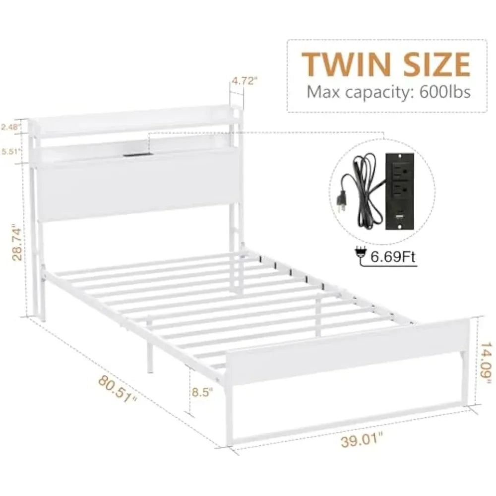 Bed Frames with Charging Station and Storage Headboard, No Box Spring Needed, Noise Free, Easy Assembly, White