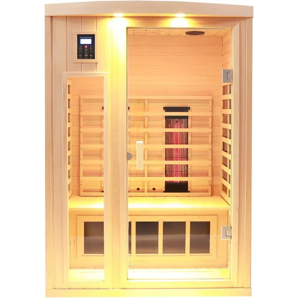 2 Person Far Infrared Sauna, 2 in 1 Indoor Sauna with Low EMF Heaters + Ceramic Heating Cubes-Chromotherapy-Bluetooth Speaker