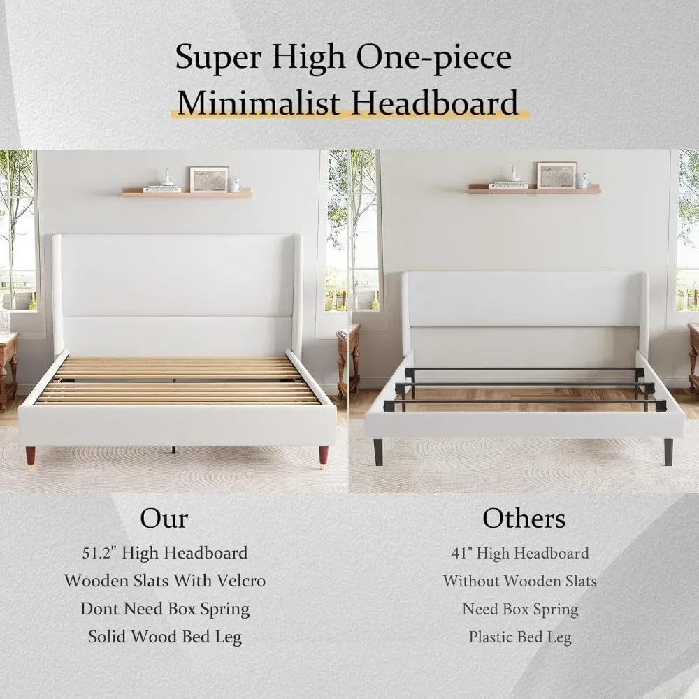 Upholstered Bed Frame Queen Size 51.2" High Platform Bed with Wingback Headboard/No Box Spring Needed Bed Frame