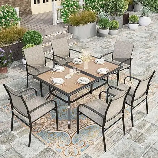 Patio Table and Chairs Set, Rectangular Outdoor PVC Metal Table with Umbrella Hole, 7 Pieces Outdoor Dining Sets