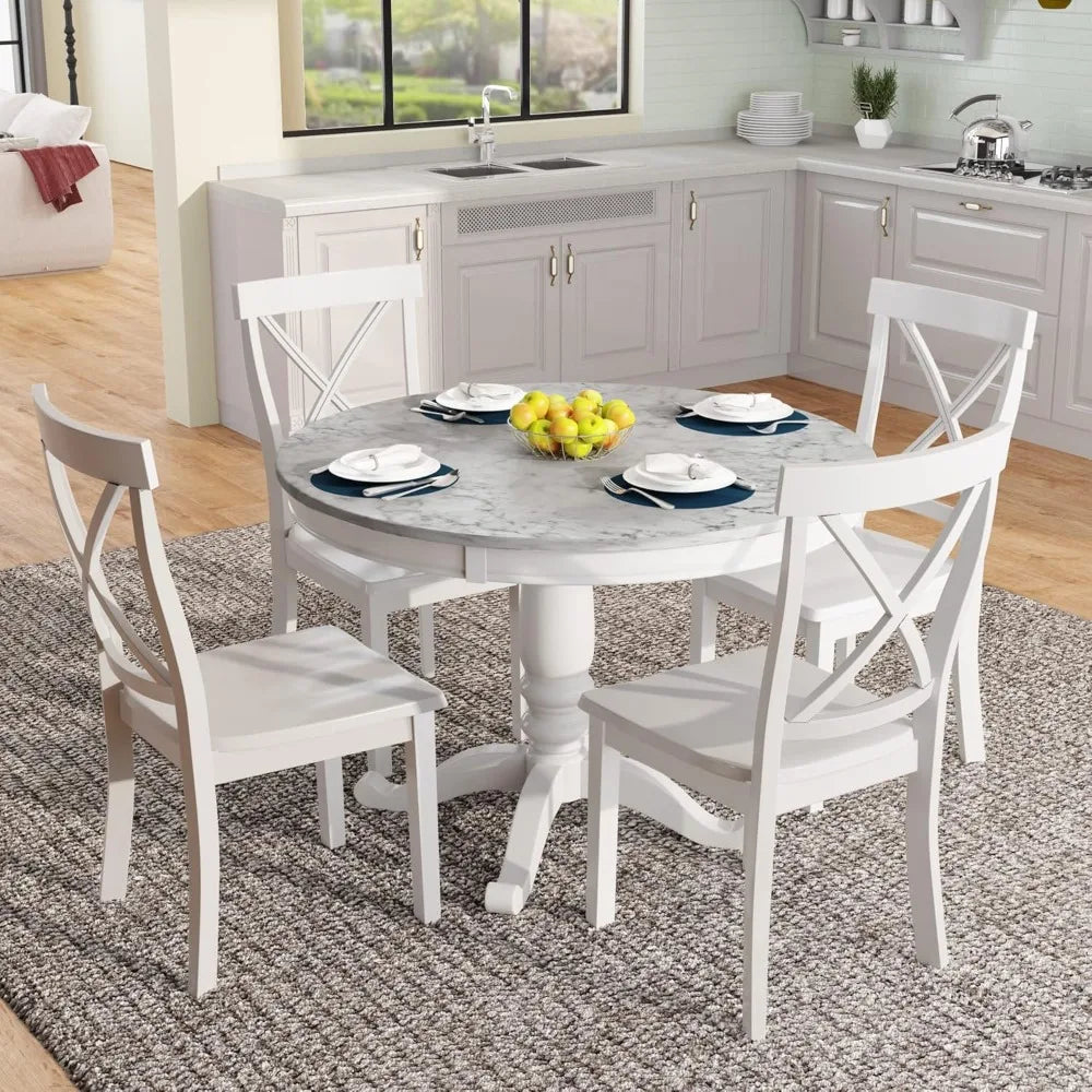 5-Piece Round Table and Chairs Set, with Marble Veneer Top and Wood Frame ,Dining Table and Chairs