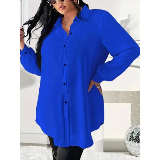 Women's Fashion Plus size Solid Color Button Top Ladies Long Sleeved Casual Top Lapel Shirt