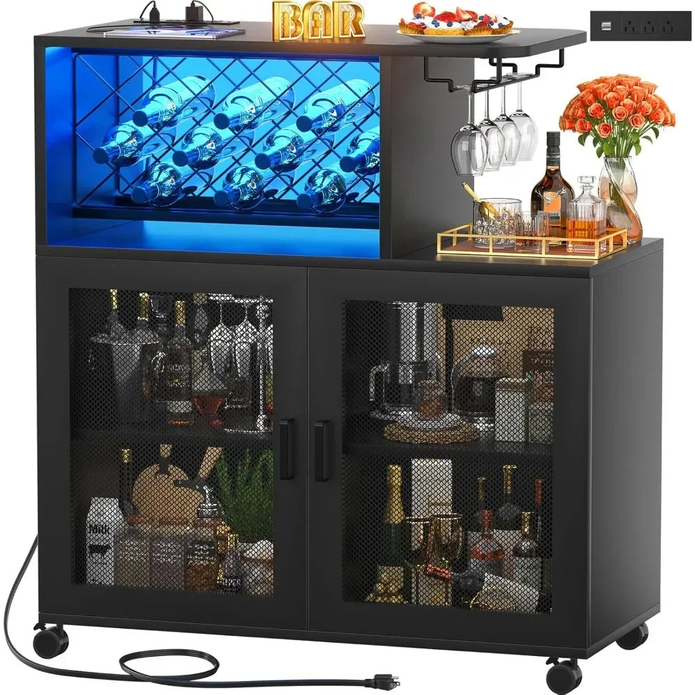 Wine Bar Cabinet with Wheels, Small Liquor Cabinet with LED Light, Home Bar Cart with Power Outlets, Coffee Bar with Wine Rack