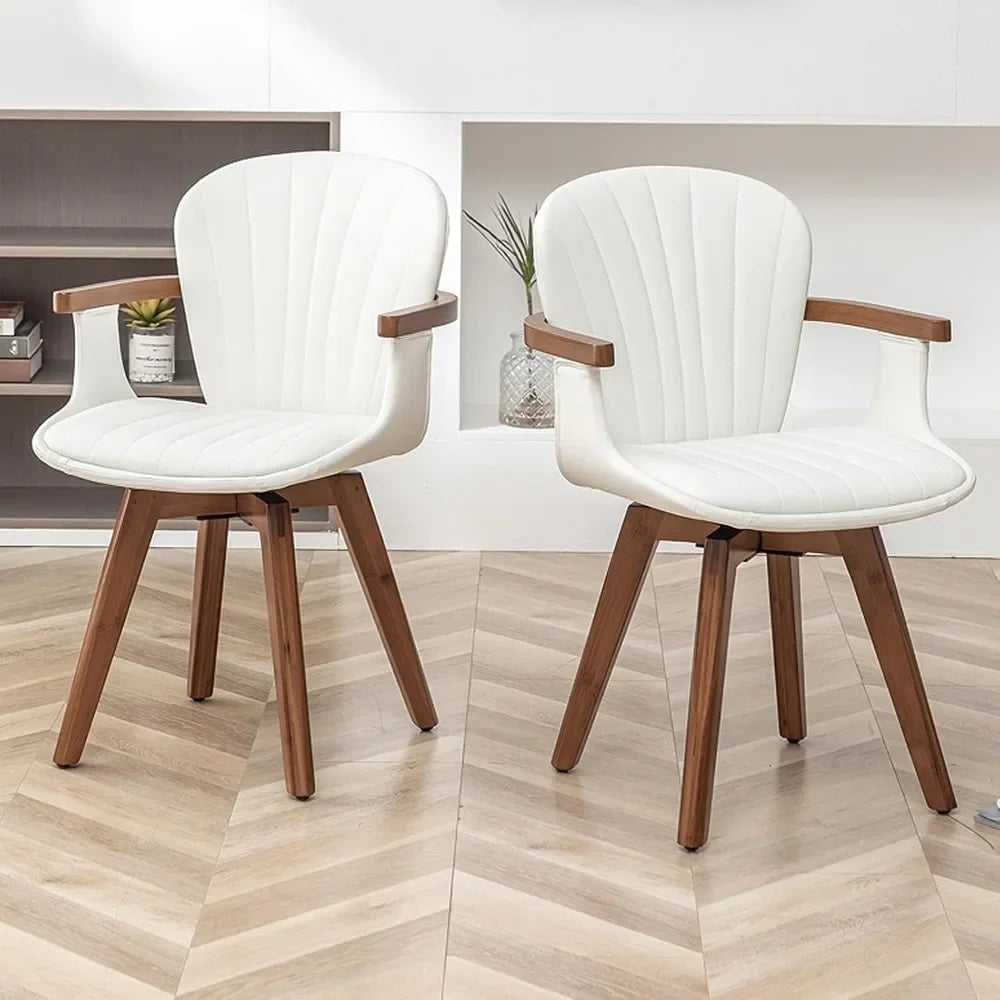 Swivel Dining Chairs Set of 2, Mid Century Modern White Faux Leather with Arms,Bamboo Legs, No Wheels,dining Room Chair