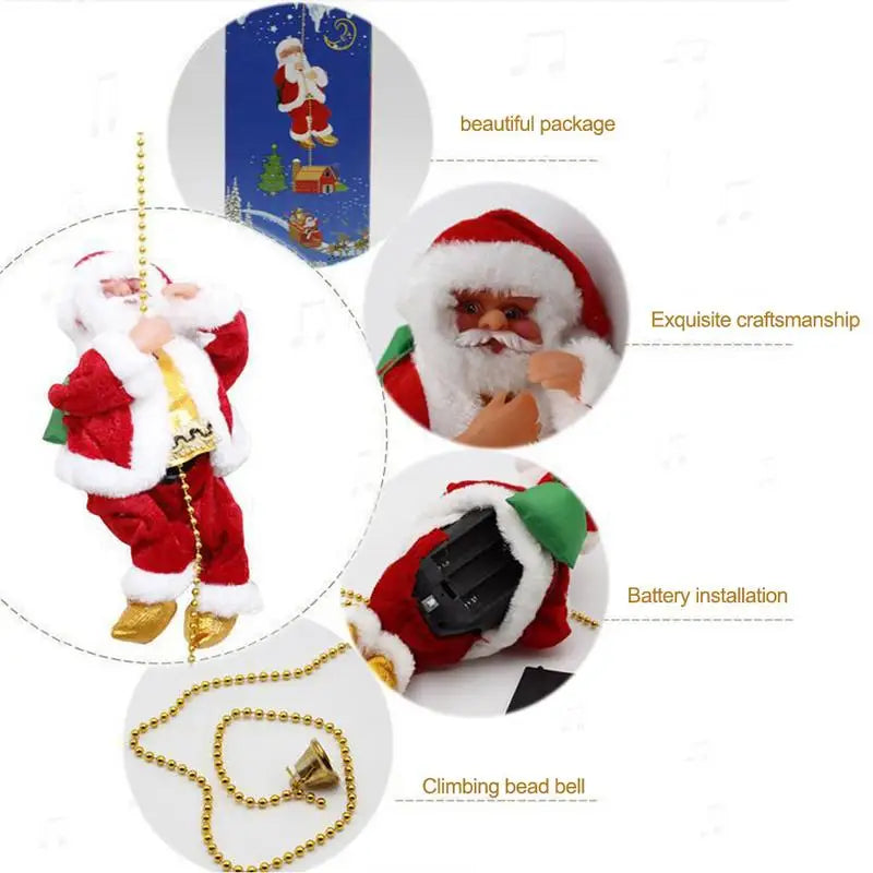 Electric Climbing Santa Claus Doll Musical Climbing Santa on Doll Toy on Rope Christmas Tree Ornament Hang Ornaments for Home