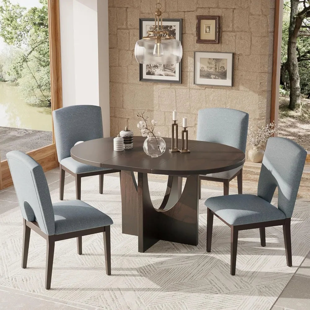 5-Piece Extendable Round Dining Table Set,with 16.2inch Removable Leaf and 4 Full-Back Dinings Chairs,Wood Dining Furniture Sets