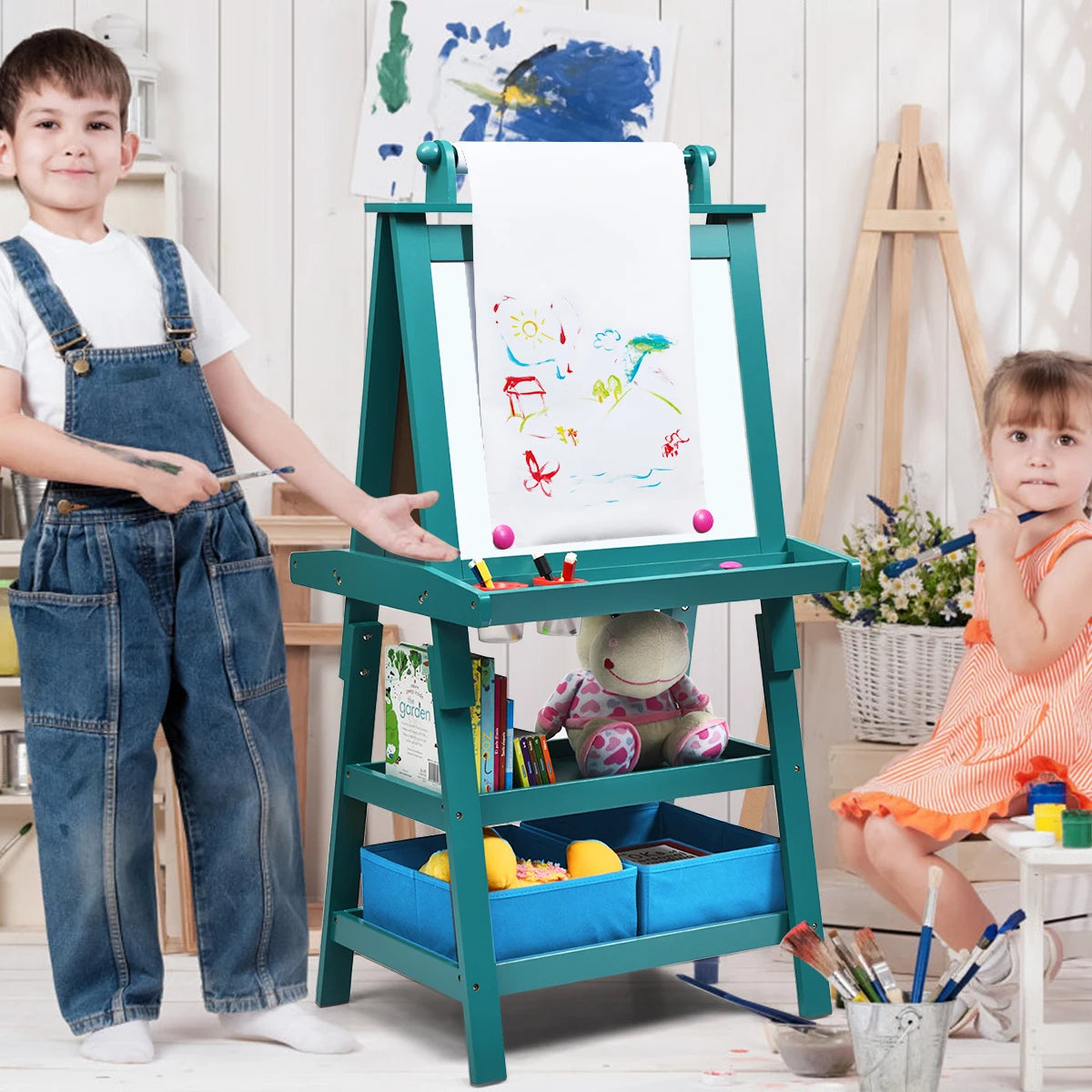 3 in 1 Double-Sided Storage Art Easel w/Paint Cups for Kid Writing Teal Frosting