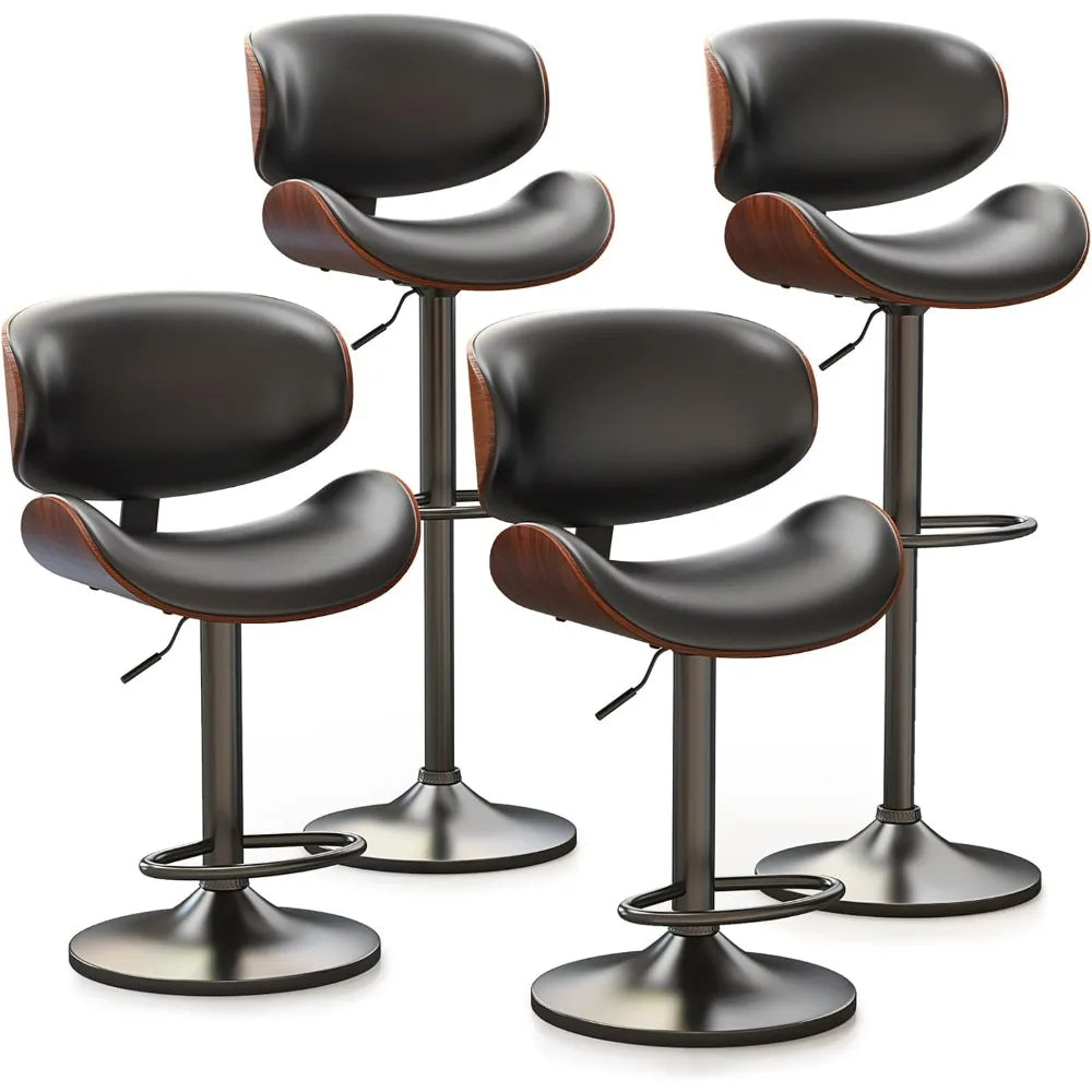 Set of 4, Bentwood Adjustable Height Swivel Bar Stools, PU Leather Upholstered Bar Chair with Back and Footrest for Bar,