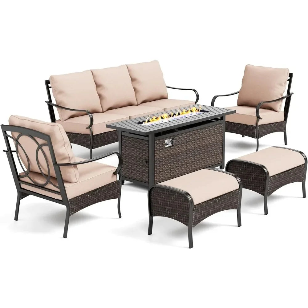 6 Pieces Outdoor Patio Furniture Set with Fire Pit Table, Large Outdoor Conversation Sets for 7, Metal Patio Furniture Set