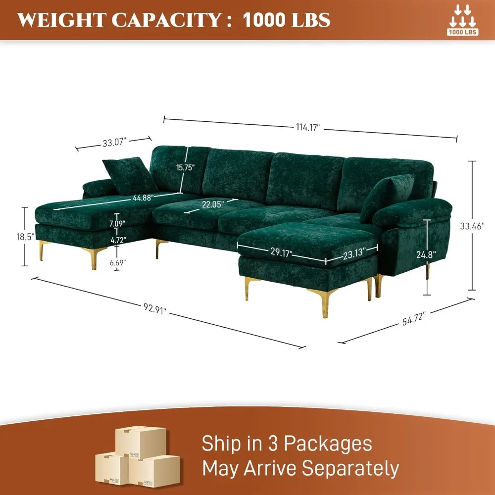 U-Shaped Sectional Sofa Couch, 4 Seat Sofa Set, Convertible L-Shaped Velvet Couch Set with Chaise Lounge, Ottoman and Pillows