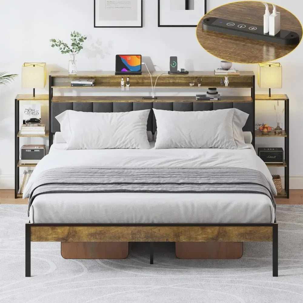 Bed Frame with Storage Bookcase Shelves,No Box Spring Needed Velvet Upholstered Platform Bed with LED Lights and 2 USB Ports