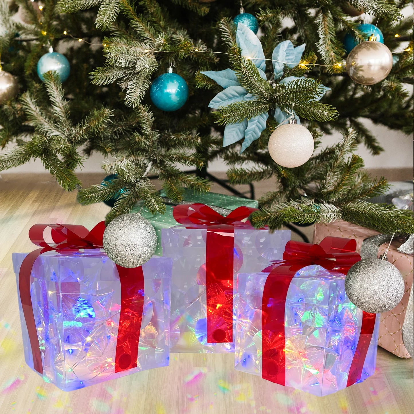 Set of 3 Christmas Lighting Gift Boxes, Xmas Tree Decoration Gift Boxes, Lighting Gift Boxes, 100 LED Light Up Xmas Gift Boxes