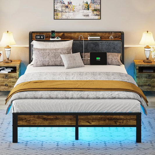 Queen Bed Frame with Headboard, Metal Platform Bed with Smart LED Lights and USB Charging Station, Easy Assembly, No Box Spring