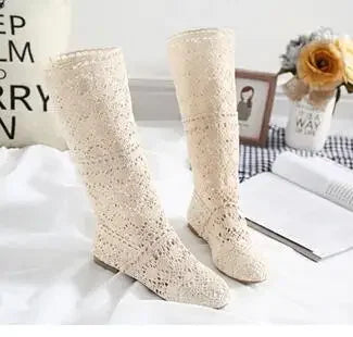 Women's spring high boots wool hollow boots fashion luxury brand summer white lace boots ladies hollow flat casual shoes