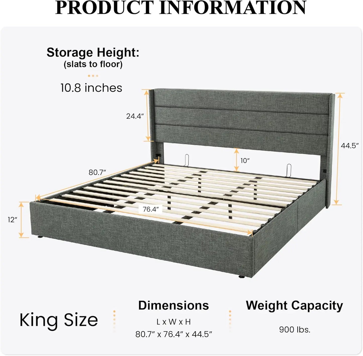 King Size Lift Up Storage Bed/Modern Wingback Headboard/Upholstered Platform Bed Frame/Hydraulic Storage/No Box Spring