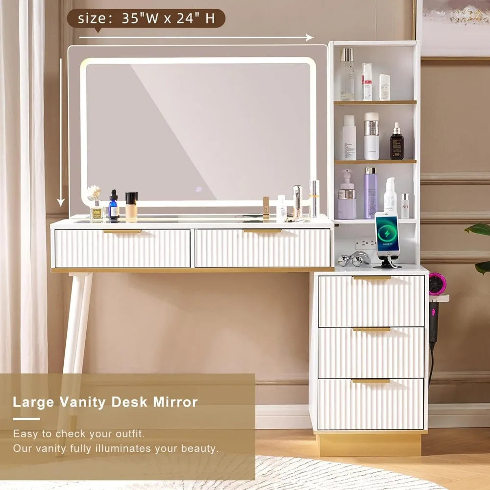 Vanity Desk with 35" W x 24" H Large Mirror and Lights with 5 Drawers, 3 Shelves and Charging Station, Large Makeup Vanity Table