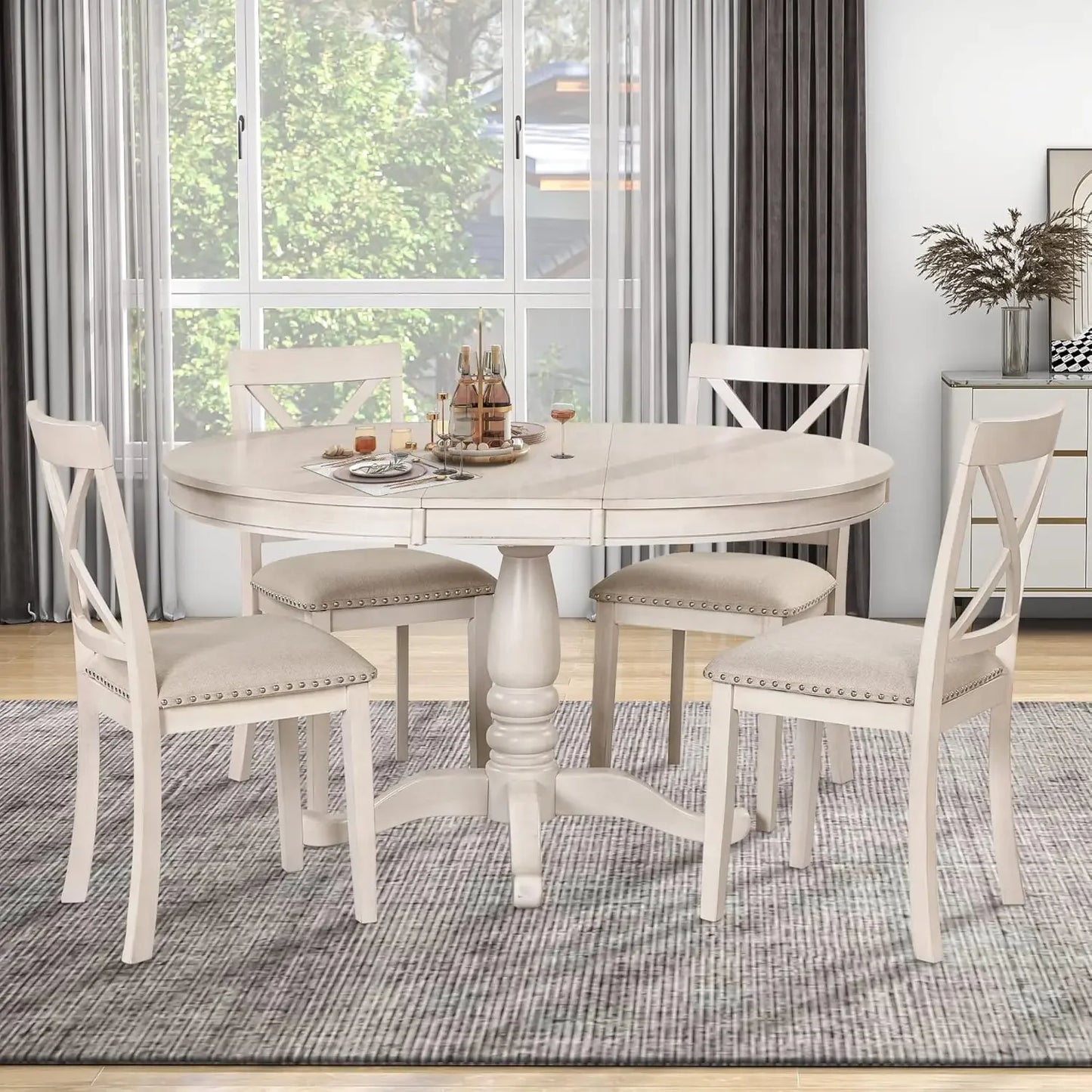 5-Piece Farmhouse Dining Table Set Wood Round Extendable Dining Table and 4 Upholstered Dining Chairs Suitable for living room