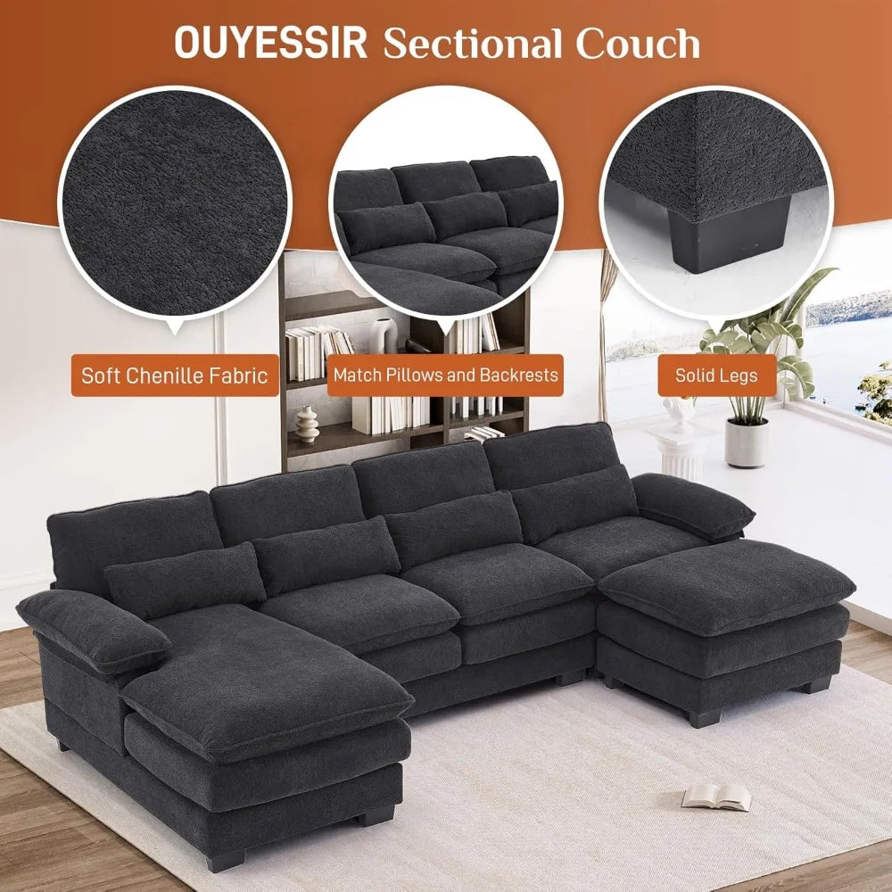 U Shape Sectional Sofa, Upholstery Comfy Modular Sofas, 4 Seat Chenille L-Shaped Sleeper Sofa,Living Room Cloud Couch