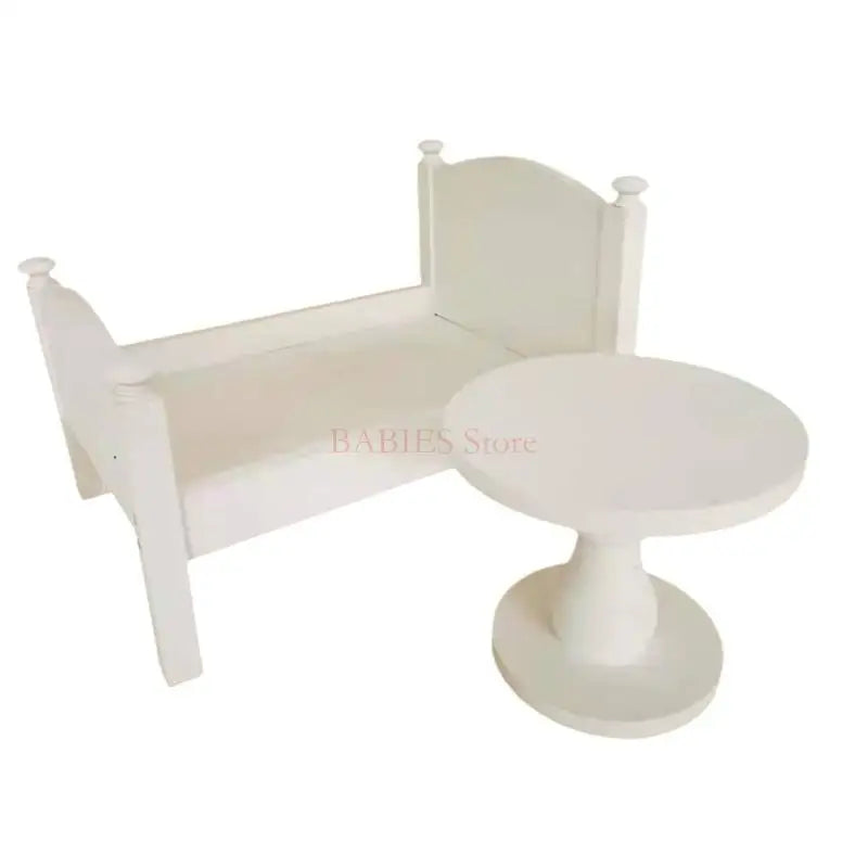 C9GB Elegant Newborns Photo Props Small Wooden Bed/Round Tea Table Lightweight Photoshoots Bed for Baby Picture Taking