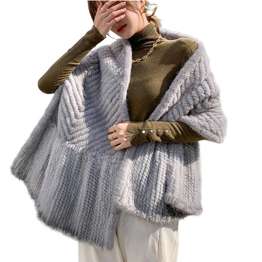 2020 Women Knitted Mink Fur Shawl 100% Real Fur Capes Sapphire Grey Lady Winter Imported Mink Fur Scarf NeckWear Wraps Mufflers