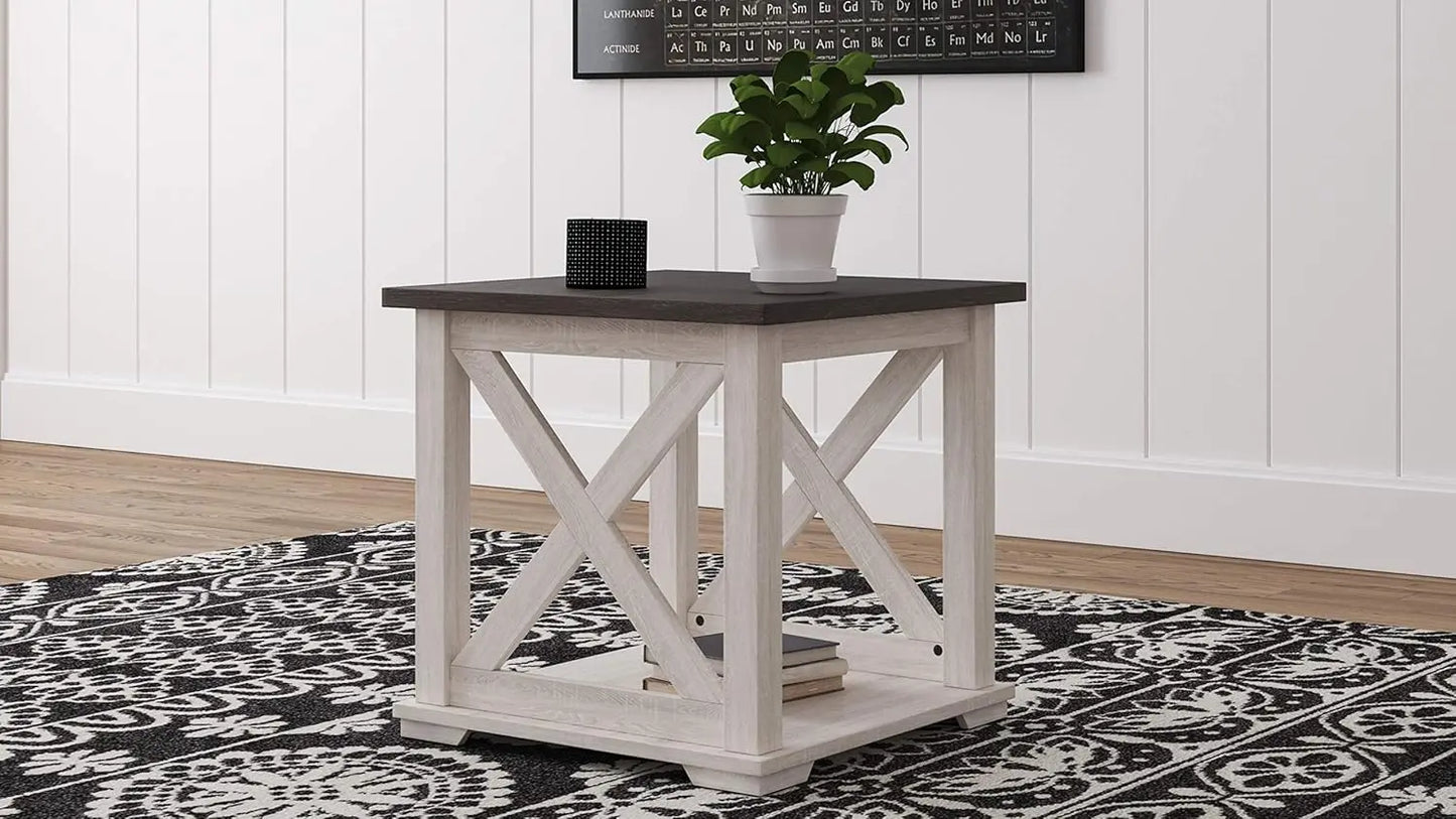 Square Modern Farmhouse End Table, Two Tone White & Brown