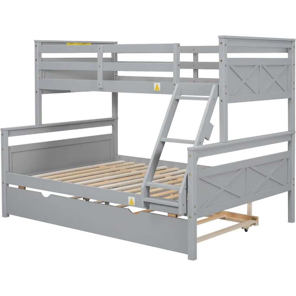 Trundle Bunk Bed, Twin Over Full Wood Bunk Bed with Twin Size Trundle, Solid Wood Bunk Bed Frame with Guardrail and Ladder