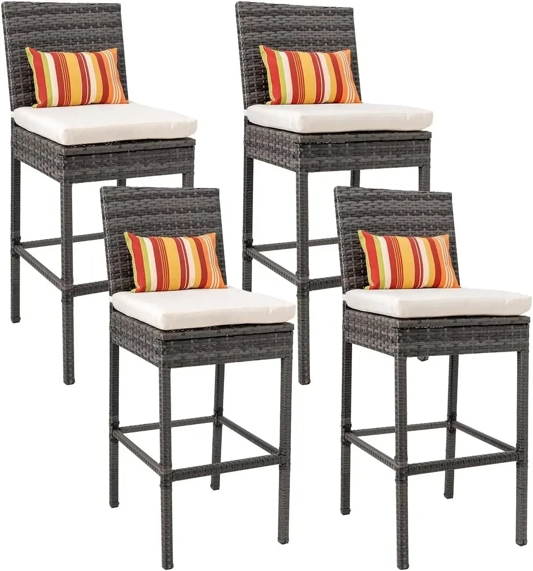 Bar Stools Set of 4, High Brown Rattan Chair with Pillow & Beige Cushion, All-Weather, Bar Chairs